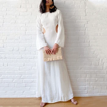 Design Women Summer Maxi elegant Dress Long Sleeve Mesh Blouse Backless Ladies white Cut Out Maxi Dress