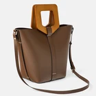 Wooden Handle Handbag Custom Smooth Leather Wooden Handle Ladies Hand Bag Women Bucket Handbag