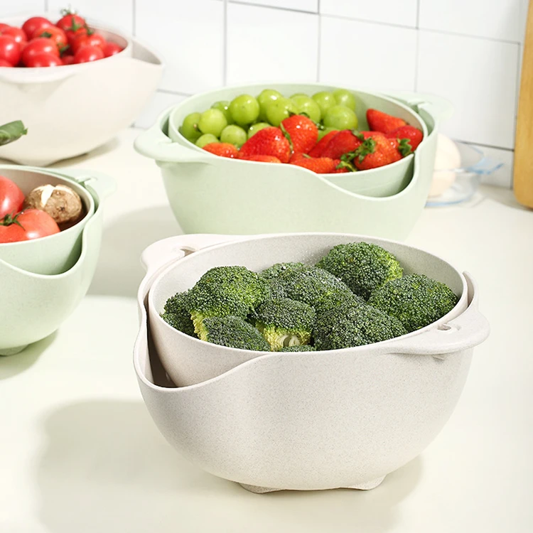 YangDa kitchen 360 degree rotating wheat straw plastic colander and bowl for washing fruits and vegetables