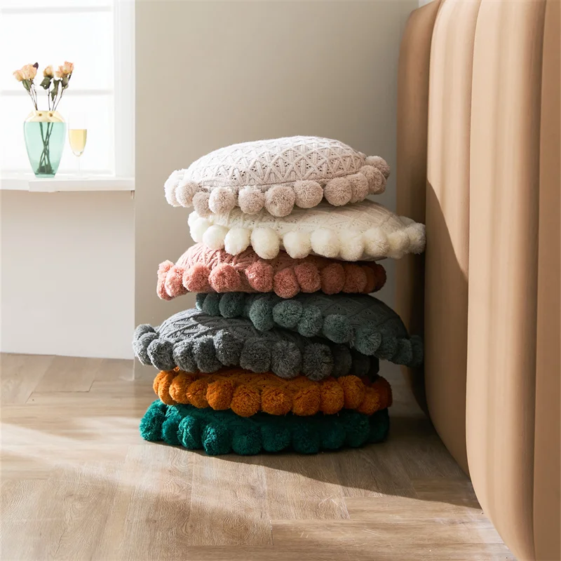 product ans high quality boho pompom tufted cushion cover knitted throw pillow case for sofa bed decoration-56