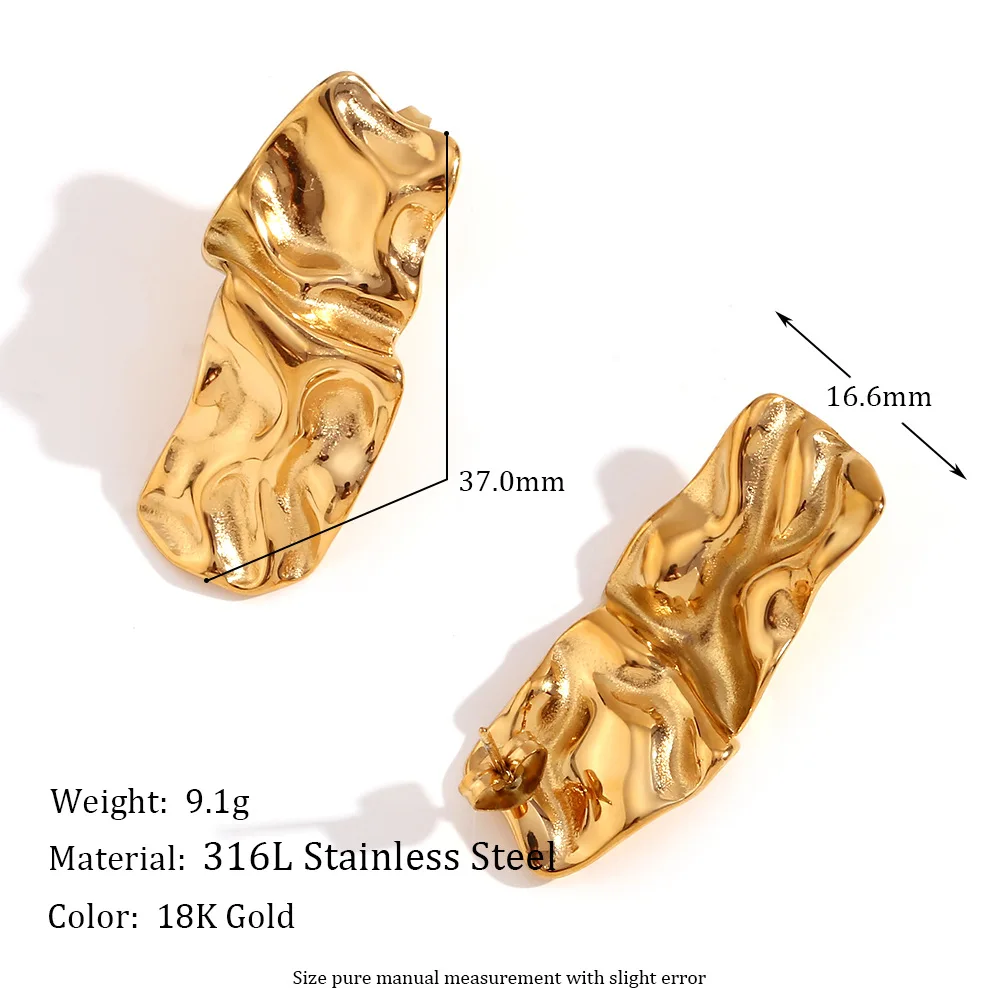 2023 18k gold plated stainless steel Rectangular hammer pattern stopper round big round earrings for women