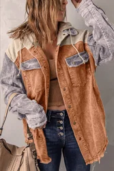 Wholesale SpringColor Block Patchwork Open Button Winter Jackets Pocket Shackets Clothing Corduroy Women Coat