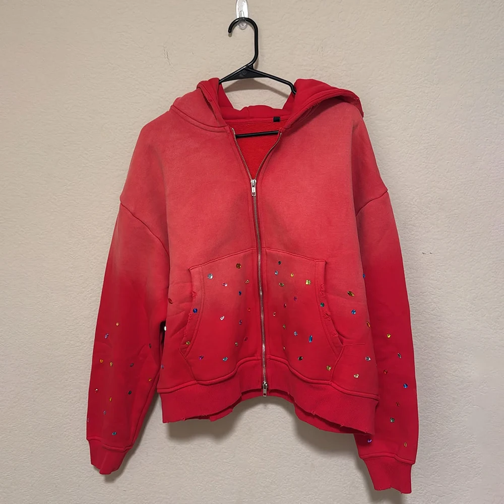 Clothing Manufacturers Custom Streetwear Patch Embroidery Stone Acid Wash Distressed Rhinestone Hoodie Jacket Men details