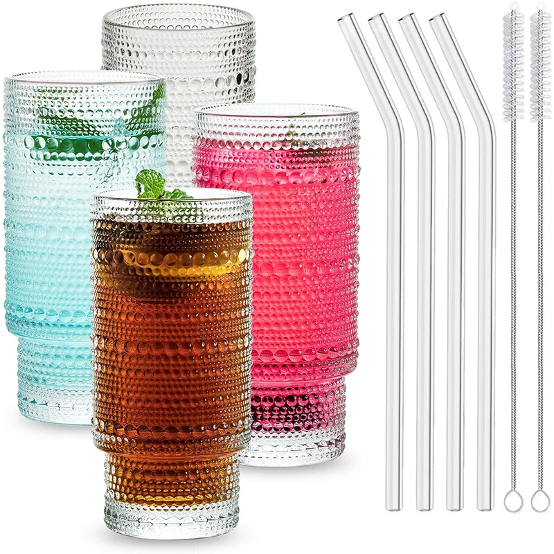 Glass Cups with Straws Cleaning Brush Glassware Iced Coffee Cup for Cocktail Beer Juice Milk Decor Gift Set Wine CLASSIC OEM