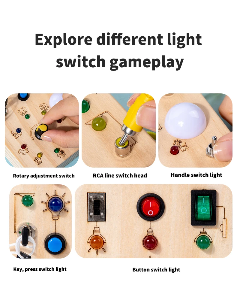 Kinder-Lernspielzeug, elektronisches LED-Licht, Baby-Sensory-Busy-Board aus Holz, Zubehör, Montessori-Spielzeug für Kleinkinder, Lieferant