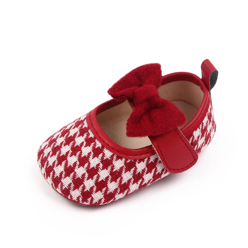 Plush Large Bow Thousand-bird Plaid Vintage Princess Soft-soled Toddler Shoes for Baby Girls details