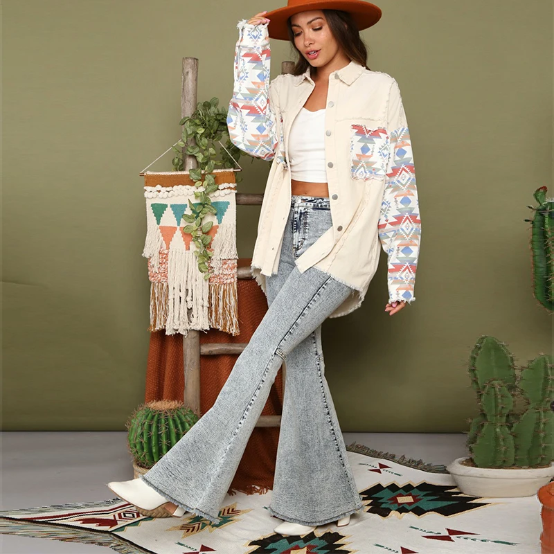 Wholesale Western Aztec Print Denim Vintage Clothing Women Shacket Jacket for Women