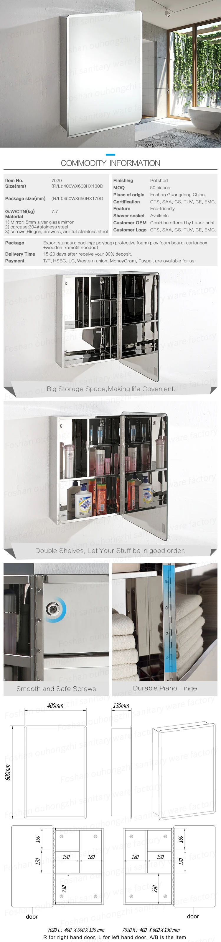 Hot Sale Stainless Steel Bathroom Wall Mounted Corner Mirror Cabinet