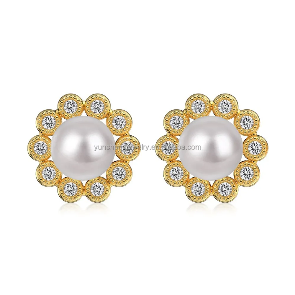 925 Sterling Silver Flower Design Earrings with Micro-Inset Zircon and 14K Gold Plated Korean Style Stud Earrings