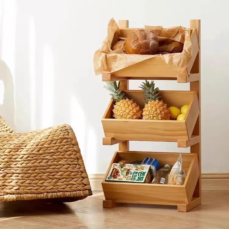 Custom Fancy Wood Storage Basket for Kitchen Countertop Fruit Bread Rack Snack and Spice Shelf Box Packed for Sundries