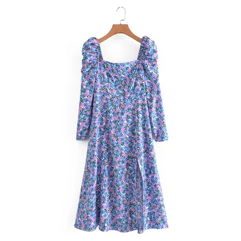 Purple/blue floral print long sleeve women elegant side slit fashion casual dresses