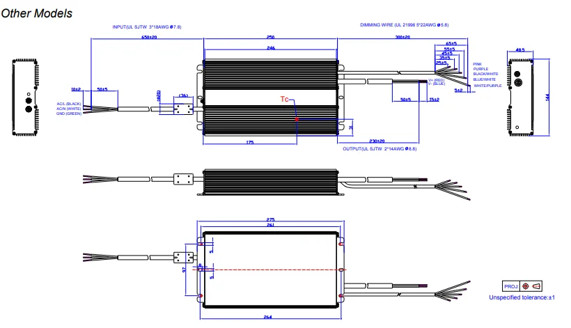 Mechanical Outline 600w led driver for grow light