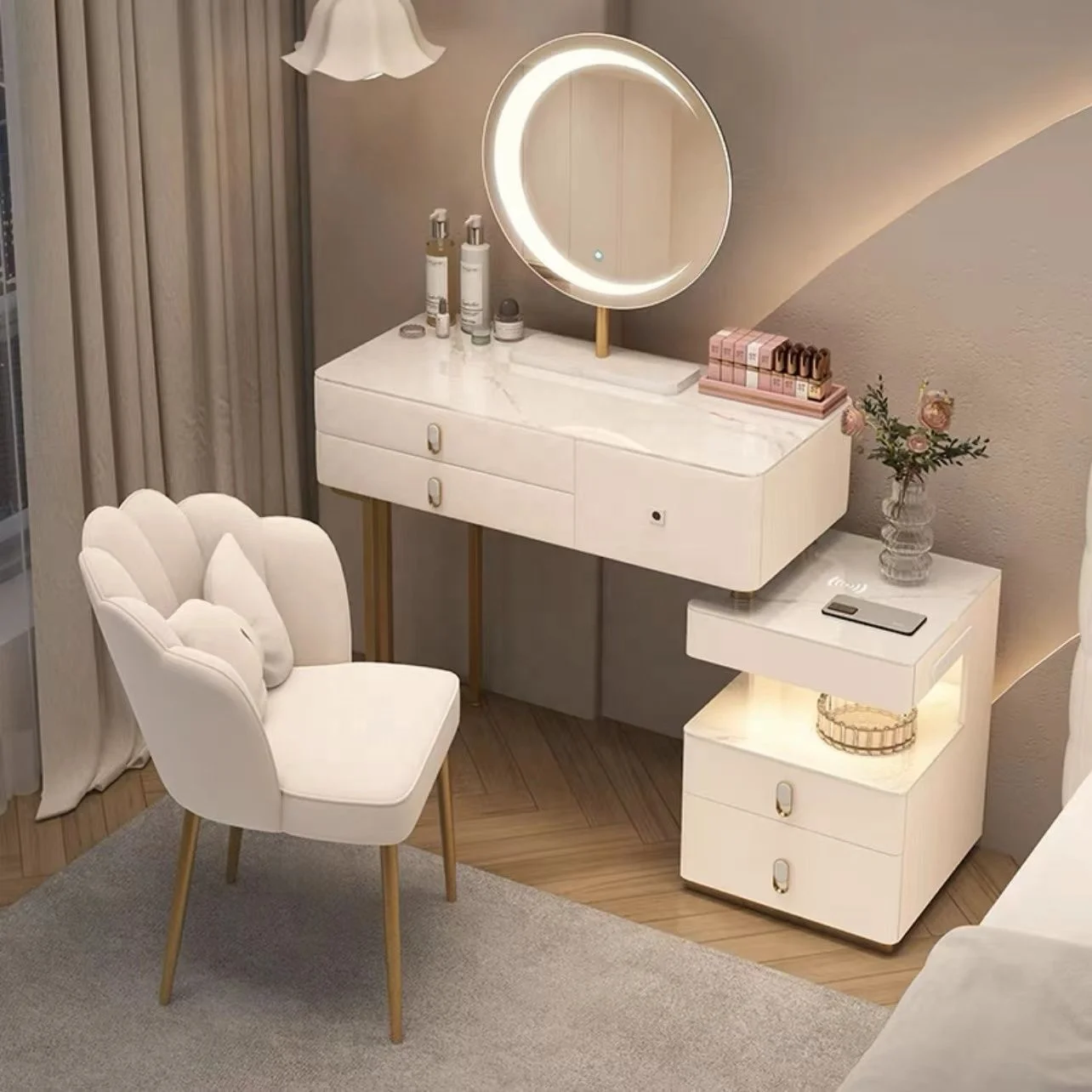 NOVA Multi-functional Wireless Charging And Storage Cabinet Integrated Marble Top Makeup Table With Smart Fingerprint Sideboard