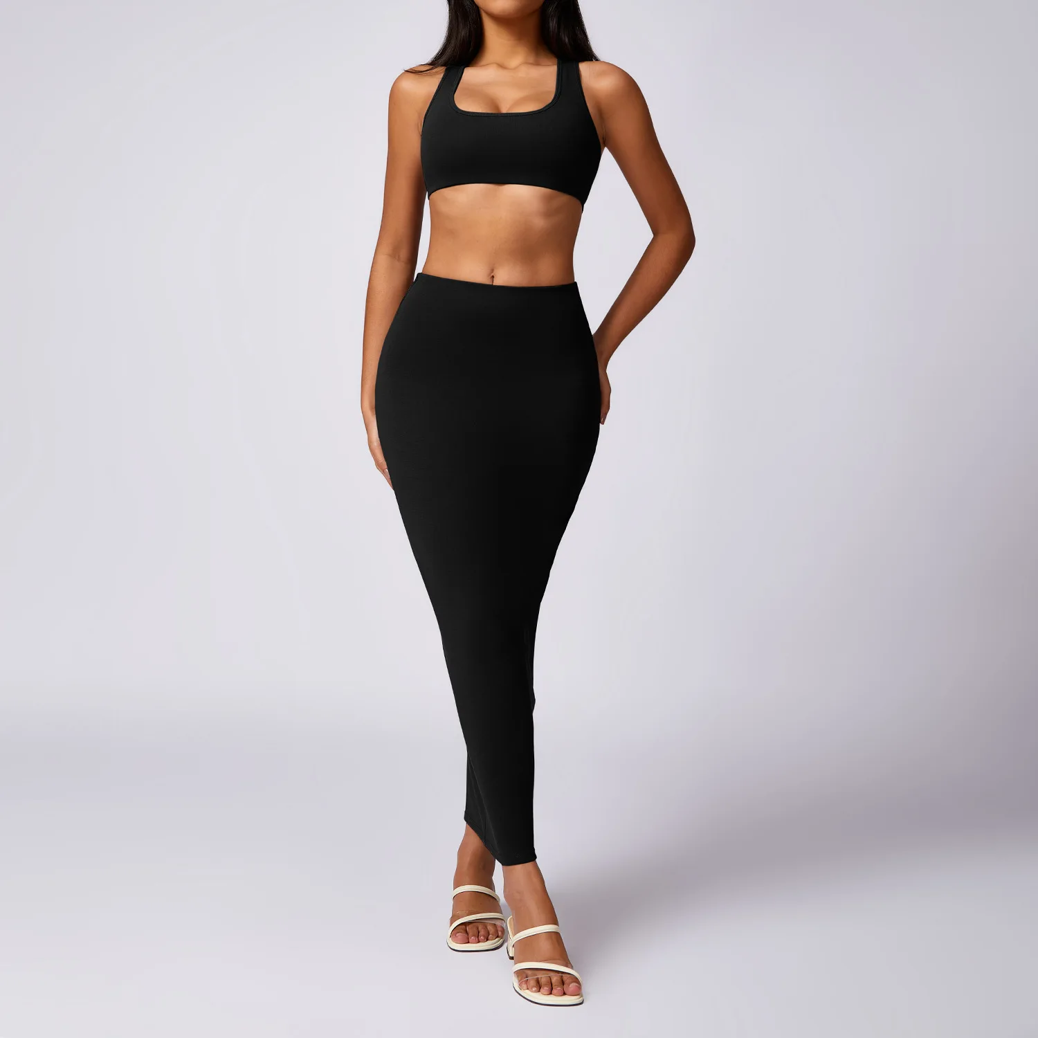 New Arrivals Crop Tops Plus Size Active Sport Two Piece Long Skirt Set Gym Sportswear Women Boutique Cloth