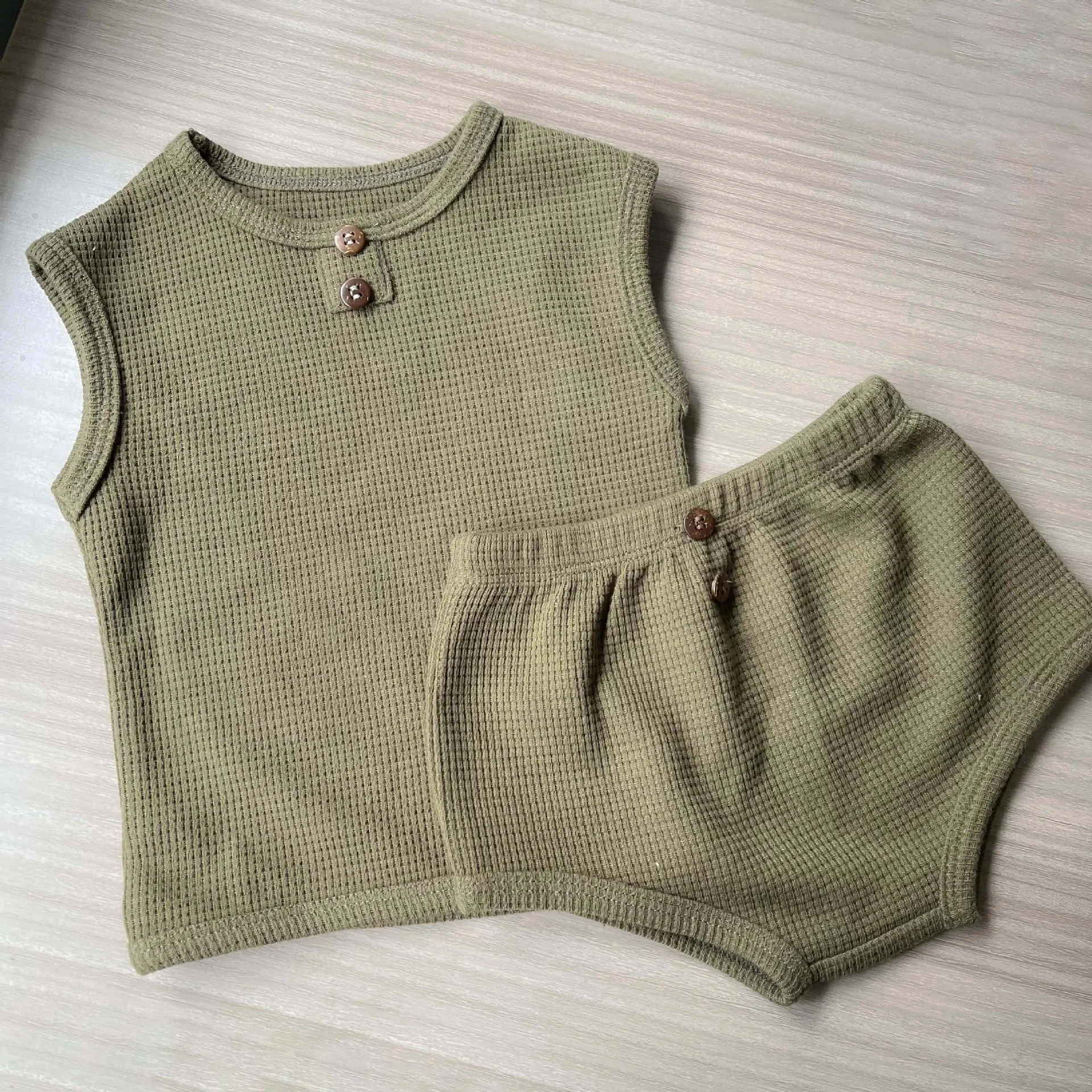 Newest knitted super soft newborn infant baby waffle sleeveless tank top jogger summer shorts outfits set pajamas for baby boys