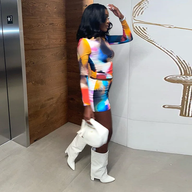 2023 New Arrivals Spring Fall Tie-Dye O-Neck Long Sleeve T-Shirt And Mini Skirt Sexy Two Piece Skirt Set Women