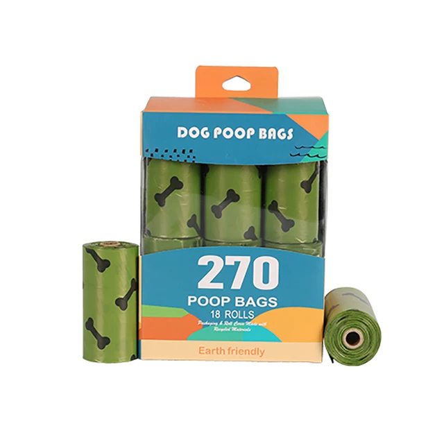 wholesale ultra strong 18 rolls kraft box lavender scented bone printed EPI biodegradable green pet waste dog poop roll bags