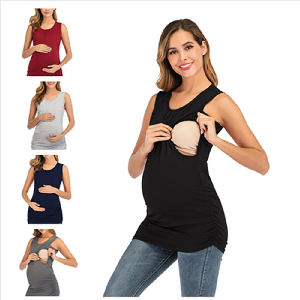 Womens Maternity Nursing Top Breastfeeding Tank Top Tee Shirt Double Layer Sleeveless Pregnancy Shirt 