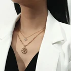 Chain Stainless Steel Multi Link Chain Stainless Steel Gold Compass Round Coin Zircon Necklace