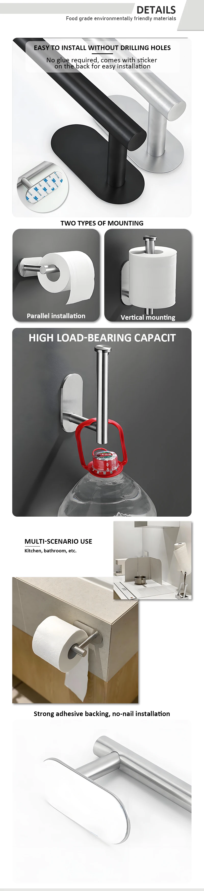 product hot product wall mounted bathroom hardware set self adhesive stainless steel toilet paper holder punch free towel rack metal-6