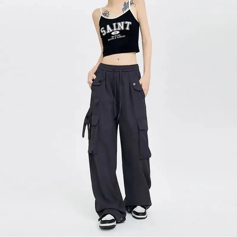 Womens Casual Loose Pants Comfy Cropped Work Pants with Pockets Elastic High Waist Paper Bag Pants