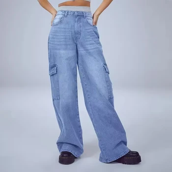 Manufacture cargo pocket high waist streetwear baggy denim jeans ladies long wide leg cargo pants