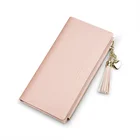 Purse Women Tassel Charm Fold Over Purse Credit Card Holder Leather Zipper Long Wallet