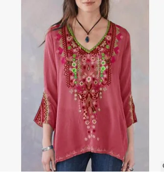 High Quality Summer Women V Neck Blouse Fashion Long Sleeve Mexican Embroidery Blouse