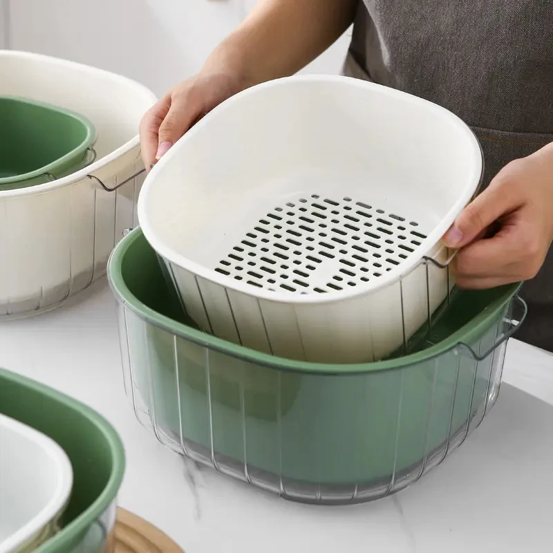 Kitchen Accessories Food Storage Container Box Plastic 2 in 1 Double-Layer drain fruit Basin washing basket