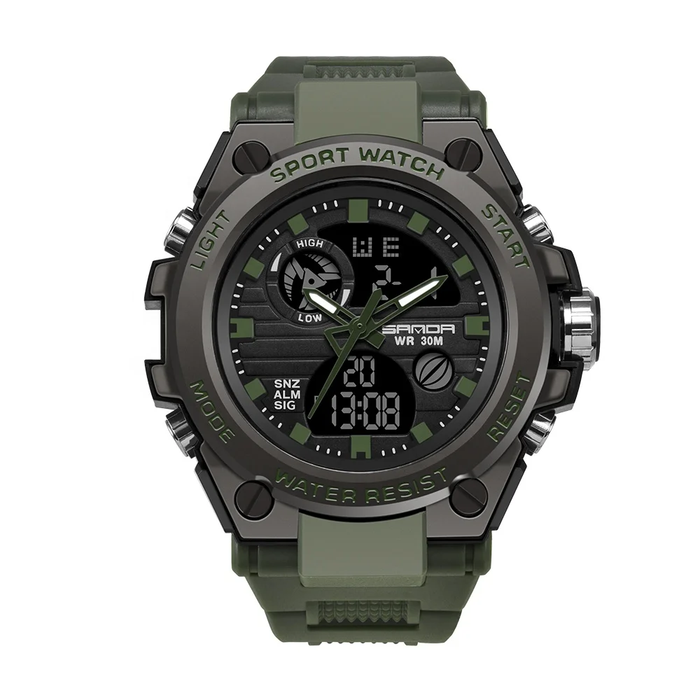 Green Rubber Strap Sports Watch LED And Quartz Movement 2022 Big Size Digital Watches For Men