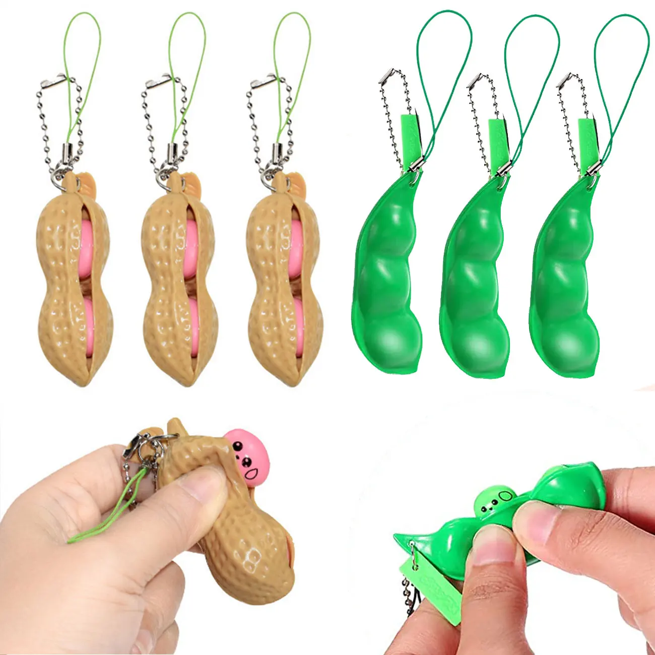 Squishy Infinite Squeeze Edamame Bean Pea Keychain Keyring Pendant Ornament Toys 