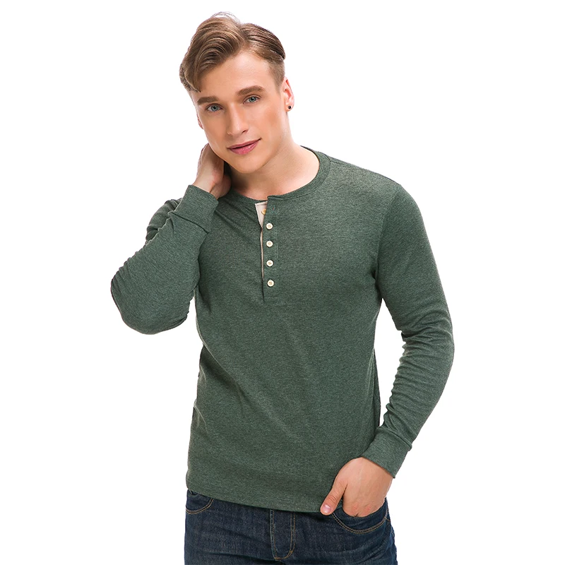 Hot seller 100% cotton custom men long sleeve henley collar with button placket slim fit shirt