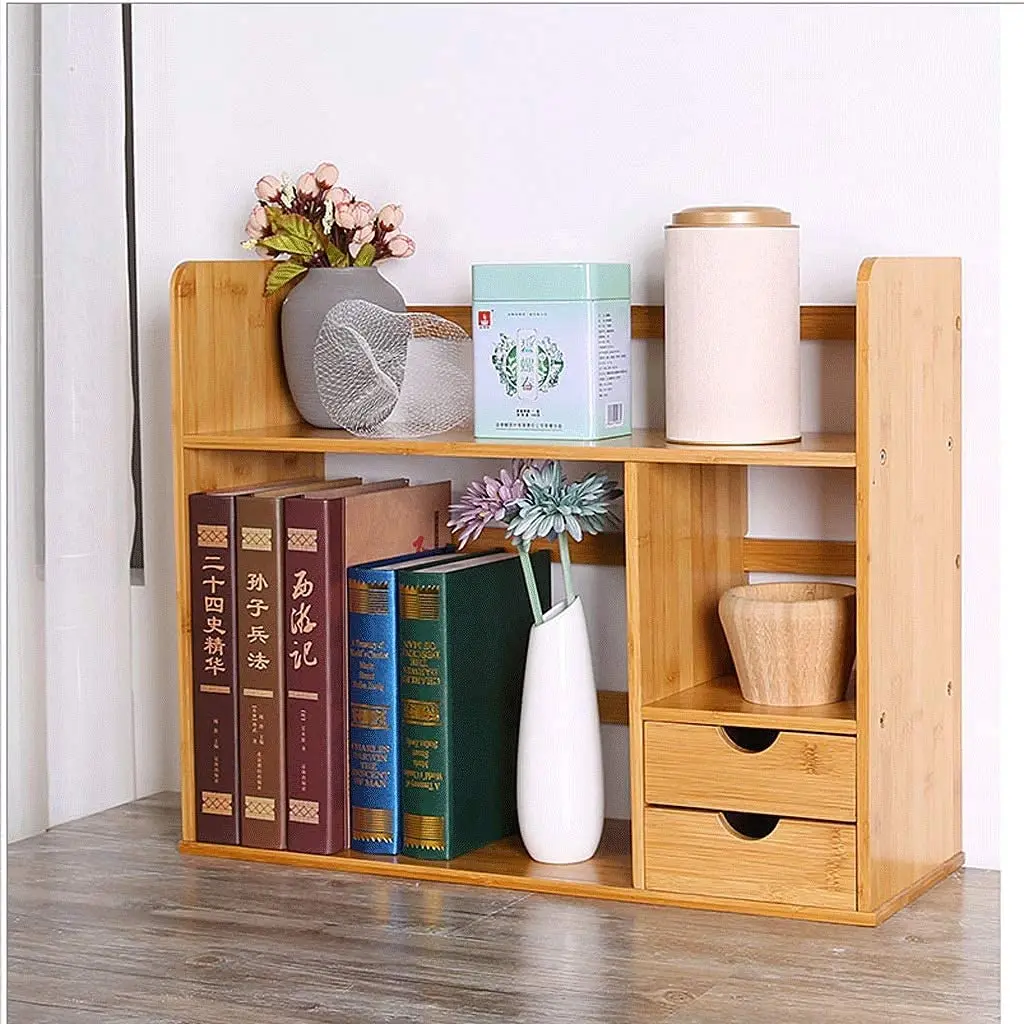 product bamboo double drawers desktop bookshelf with open bookshelves storage organizer display rack and two bookcase-6