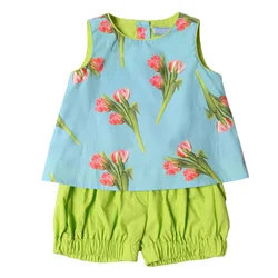 OEM or ODM fashion design boutique  floral print sleeveless T-shirt top and shorts summer girls clothing sets