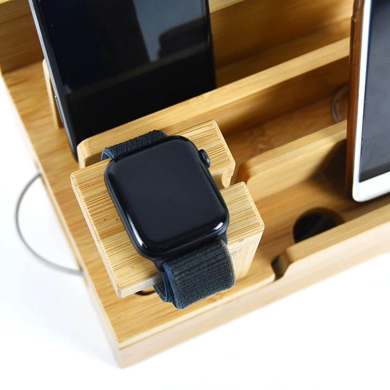 Factory Wholesale Adjustable bamboo and wood multi device manager mobile phone stand desktop tablet stand storage box