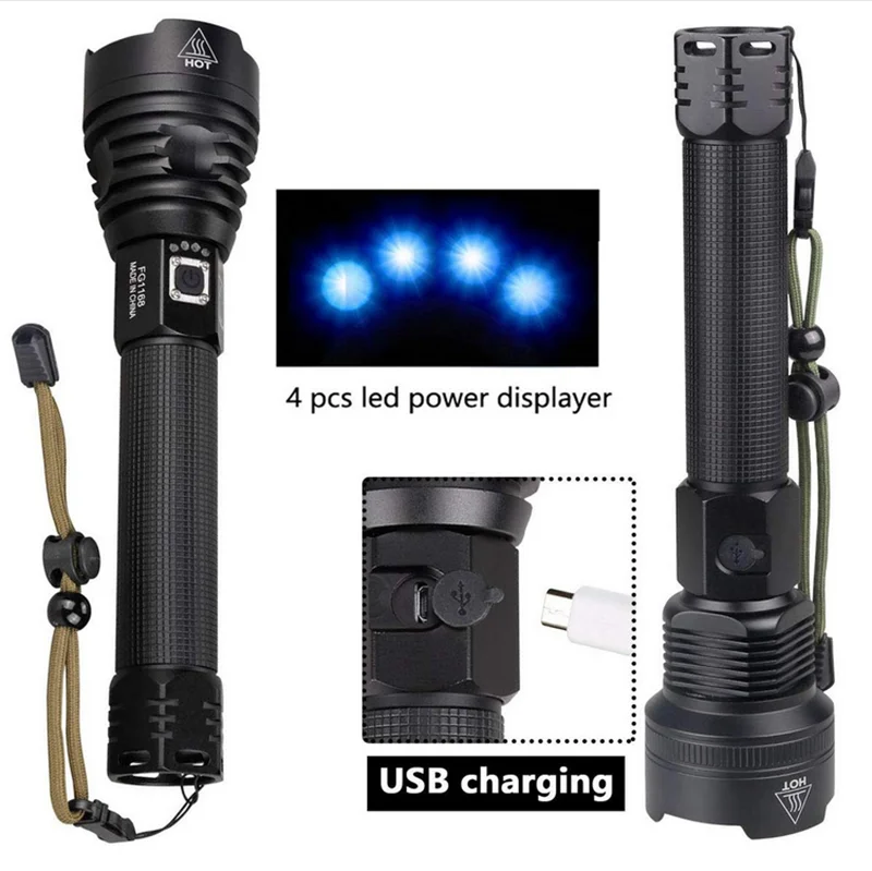 XHP90 Flashlight 6000 Lumens Zoomable Power Display USB Rechargeable Powerful Flashlight Super Bright LED Torch for Hiking