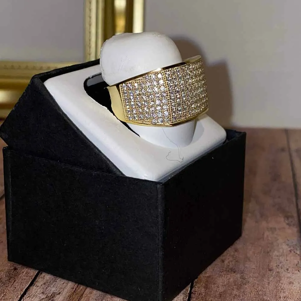 Hip Hop Bling Square Ring All Iced Out Micro Pave Cz With 14k Gold Plated Ring For Men Women