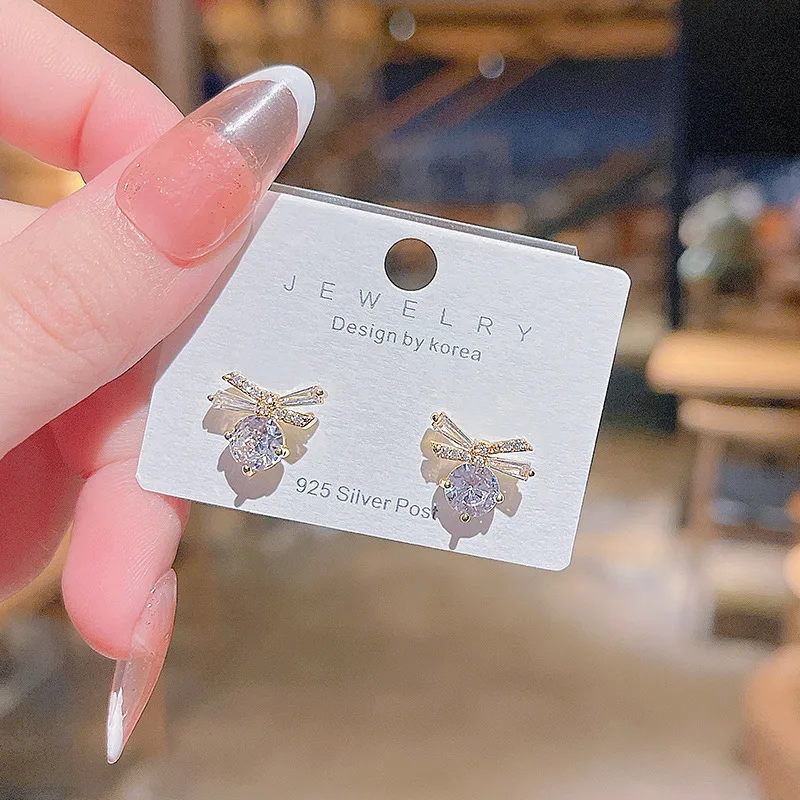 Shiny Zircon Bow Stud Earrings 