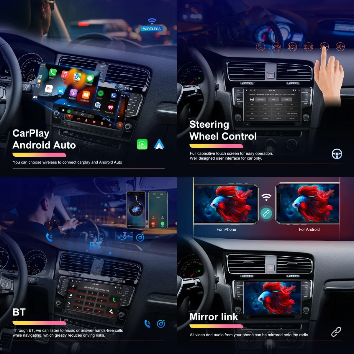 podofo 9 double din 264gb android car radio frame autoradio carplay android auto car stereo gps for vw golf 2014 2020 obd2 a4421-3
