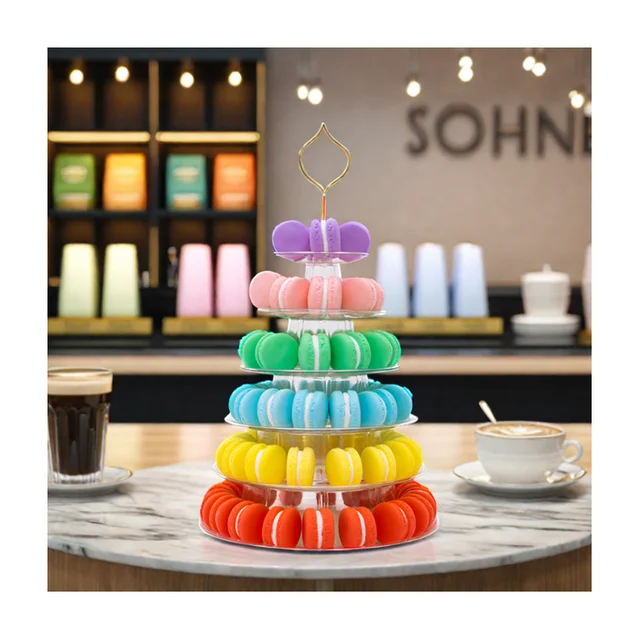 Hot-selling ready stock 6-layer food-grade PET plastic round Macaron display stand.Wedding parties and birthday parties bar