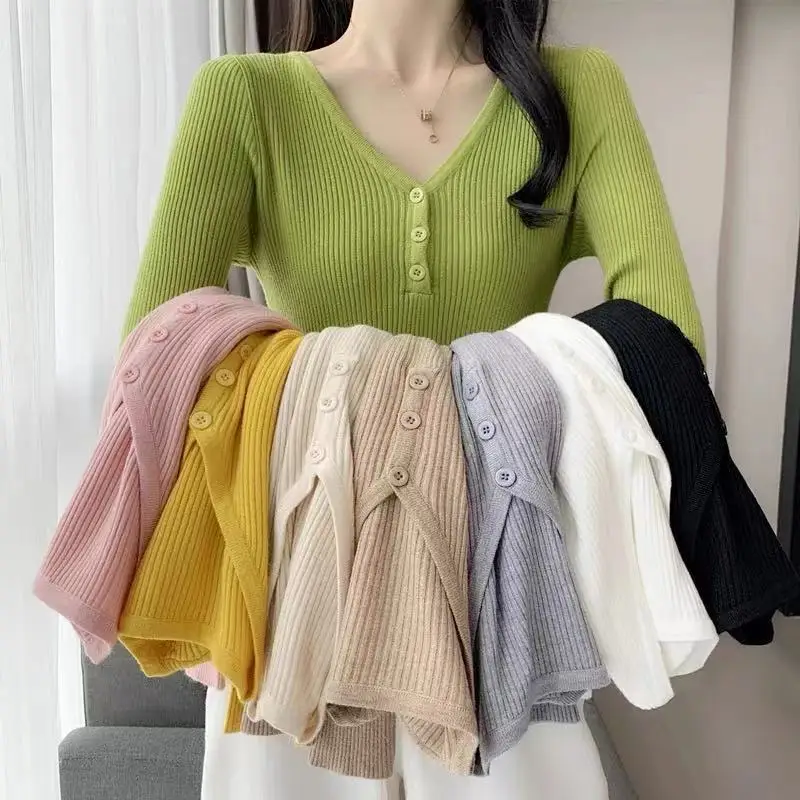 Spring Autumn Women Knitwear Button V-neck Pullover Base Tops Long Sleeve Solid Color Knit Lady Slim Clothes Casual Sweater