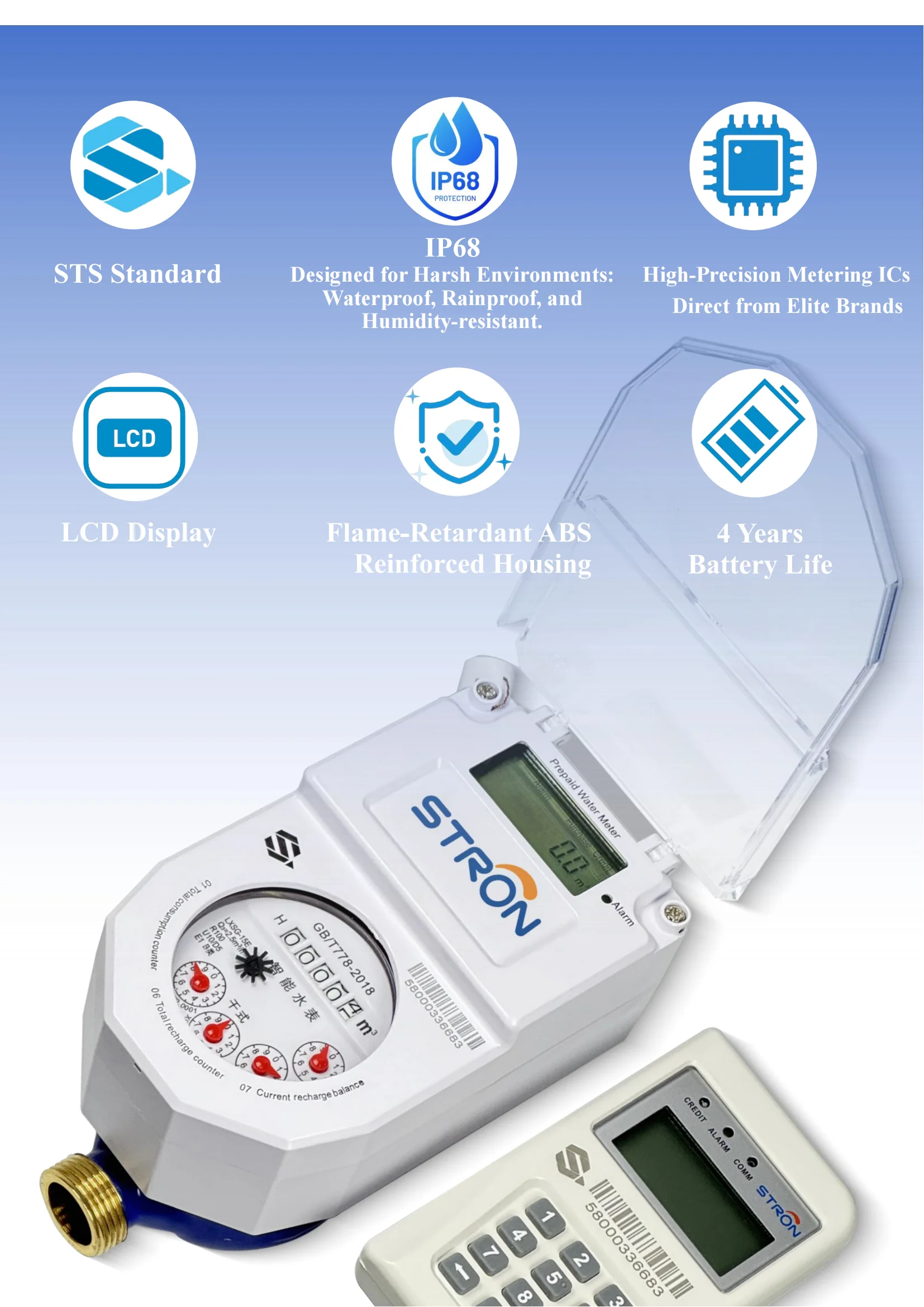 STS Smart Prepaid Water Meter with STW36-B Material 0-99999 Measurement Range and 16MPA Water Pressure