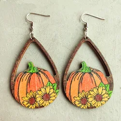 Autumn Thanksgiving Pumpkin Earrings Colorful Maple Leaf Sunflower Pumpkin Coffee Cup Hollow Water Drops Wooden Earrings