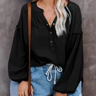 Women Tops Ladies New Arrival Fashion Loose Solid Color Women Casual Snap Puff Sleeve Blouse Tops