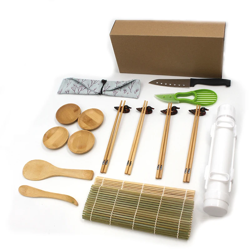 Kitchen Set Equipment Beginners Easy Use Home Bamboo Roll Mat Rice Seaweed All One Wood Sushi Making Kit with Bazooka