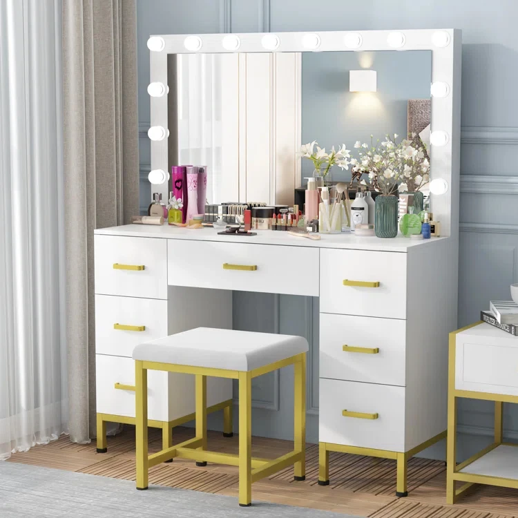 Hot selling high quality metal frame makeup vanity dressing table with mirror and drawers with LED Bulbs