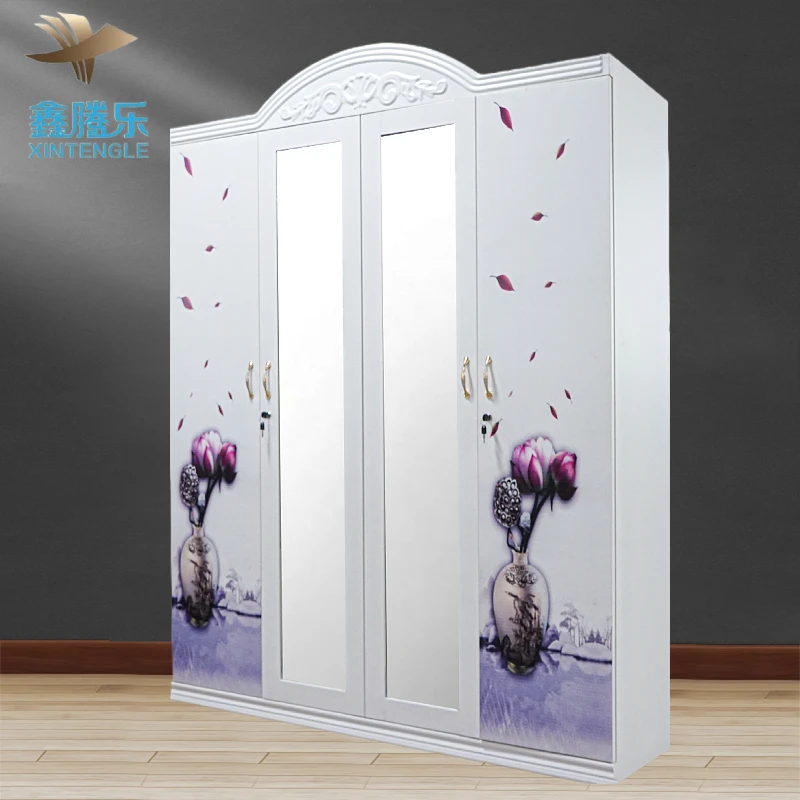 Guangzhou Foshan Factory Offers 4-Door Steel Wardrobe Mirror Kids Cheap Closet Cabinet Children's Pattern Cloth Baby Lemari