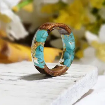 New Design Epoxy Clear Wood Resin Ring Fashion Handmade Dried Flower Epoxy Woman Wood Rings