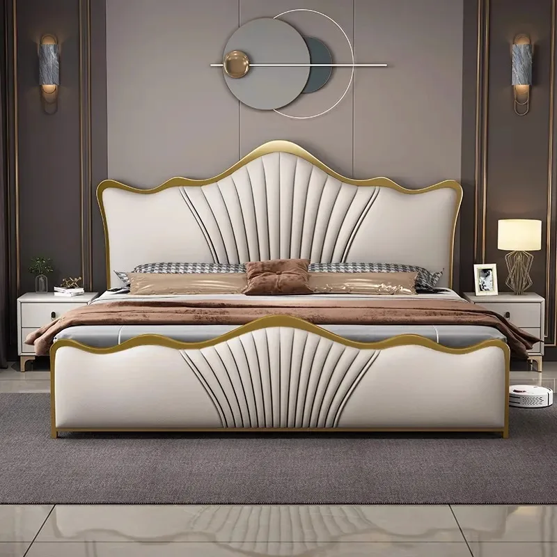 New Designs Luxury King Size Modern Leather Bed with Gold Stainless Steel Frame High Double Bed Upholstered Leather Headboard