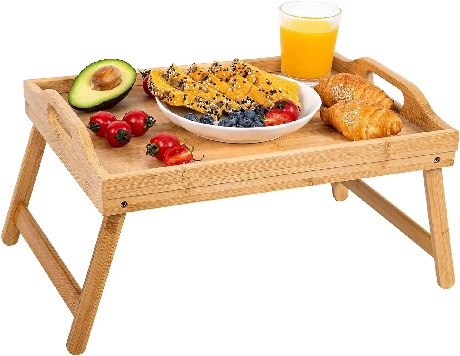 product adjustable bamboo breakfast bed serving tray portable standing bamboo tray folding legs for kitchen storage display shelf holder-3